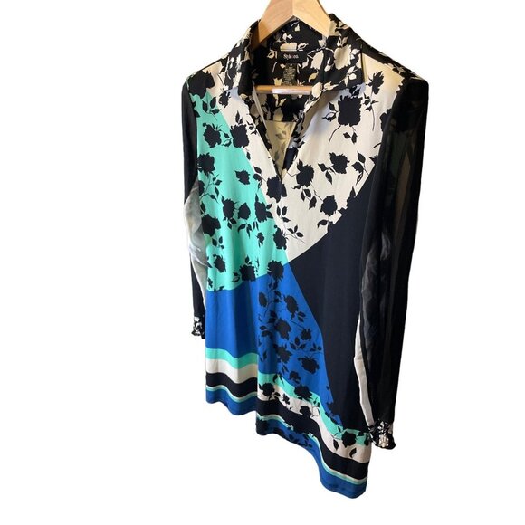 Style & Co Black White Blue Green Patterned V Neck Sheath Long Sleeve Dress Sz M - Picture 3 of 9